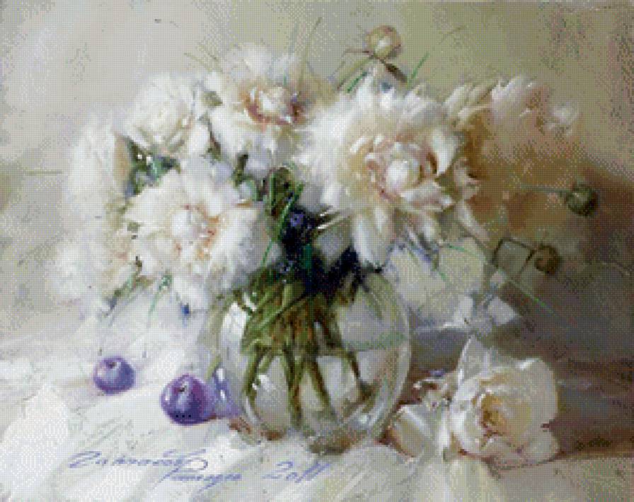 нежный букет - розы, пионы, натюрморт, нежность, букет, живопись, ваза - предпросмотр