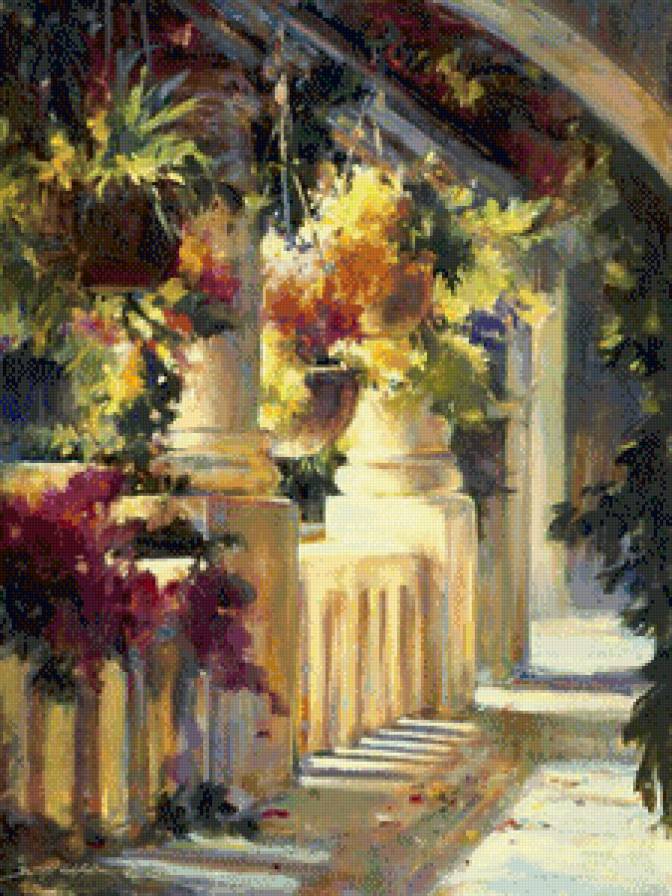 летняя терраса - живопись, цветы, лето, жара, солнце, терраса - предпросмотр