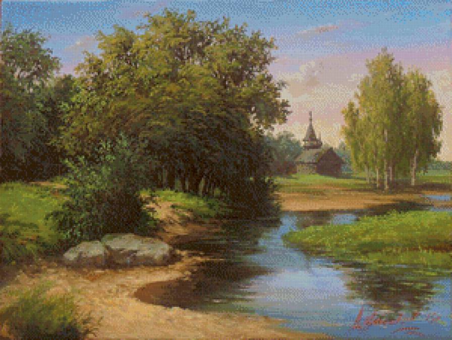 пейзаж - живопись, озеро, лето, церковь, природа - предпросмотр