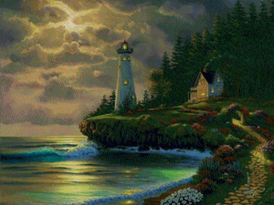 маяк - маяк, живопись, вечер, природа, море, утес - предпросмотр