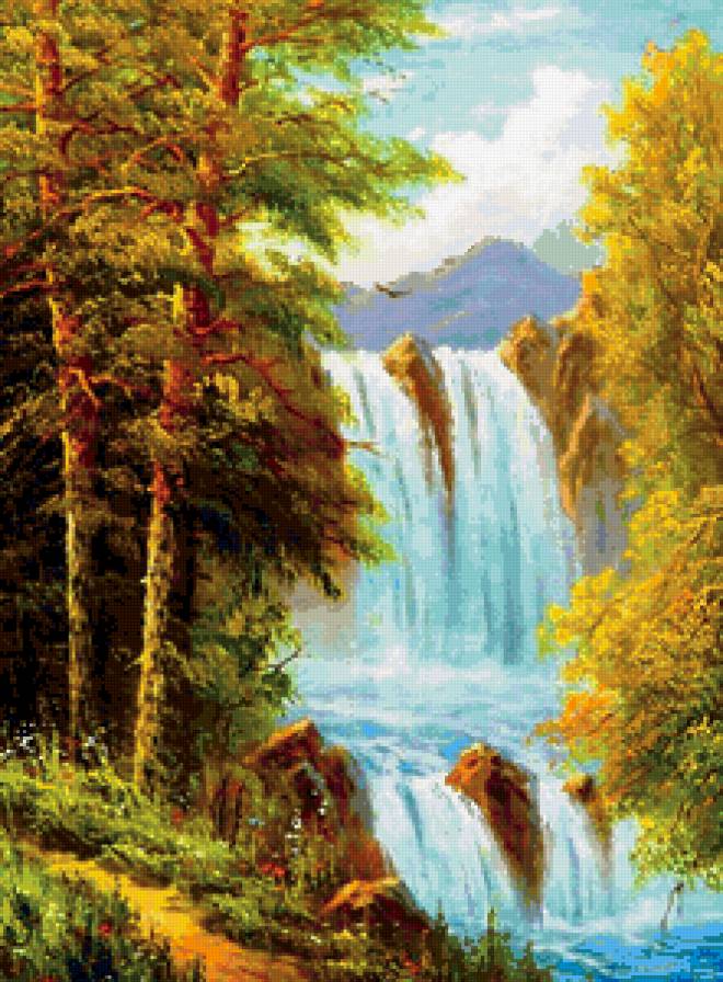 пейзаж с водопадом - пейзаж, водопад, лес, река - предпросмотр