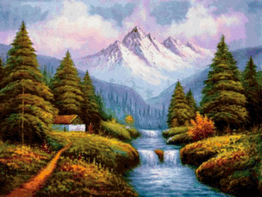 пейзаж с водопадом - водопад, пейзаж, река, горы, лес - предпросмотр