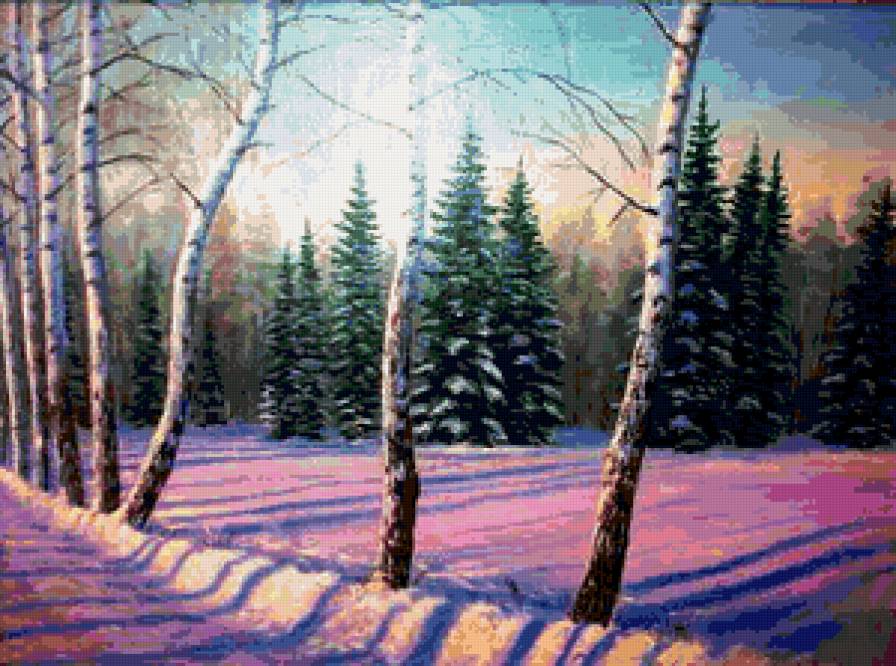 восход - пейзаж, зима, деревья, снег - предпросмотр