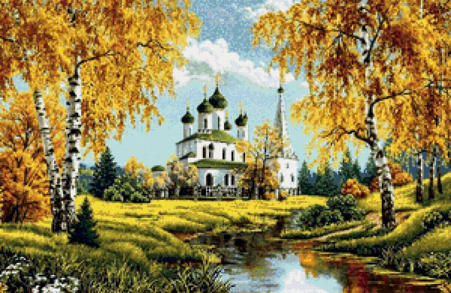 пейзаж с храмом - пейзаж, березы, храм - предпросмотр