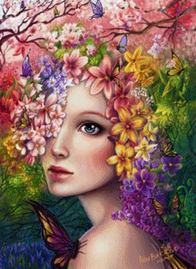 №711658 - фэнтези, портрет, цветы, весна, бабочки, девушка, картина - предпросмотр