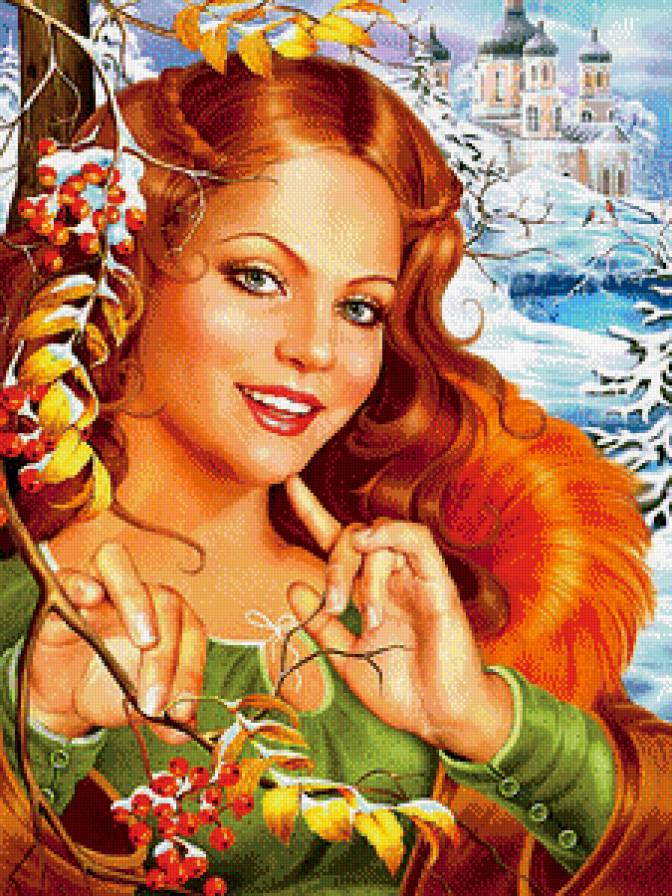 №711760 - портрет, рябина, картина, зима, фэнтези, красота, замок, снег, девушка - предпросмотр