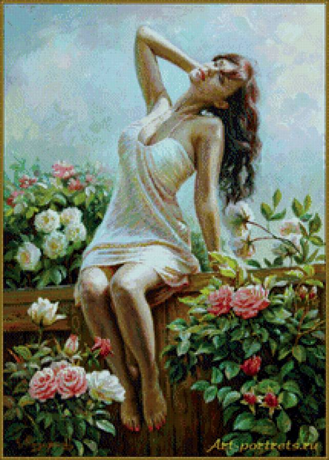 Романтичная девушка - забор, девушка, розы - предпросмотр