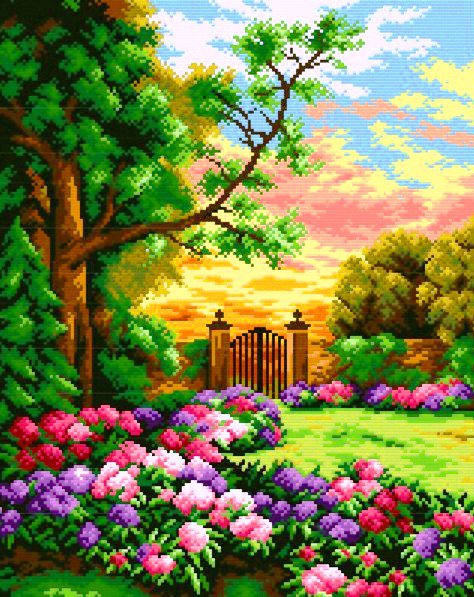 калитка в сад - деревья, водоем, цветы, пейзаж - оригинал