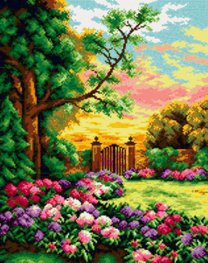 калитка в сад - деревья, цветы, водоем, пейзаж - предпросмотр