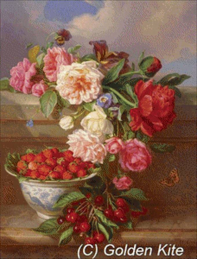 серия "натюрморт" - натюрморт.цветы.букет.фрукты.черешня.ягоды.клубника - предпросмотр
