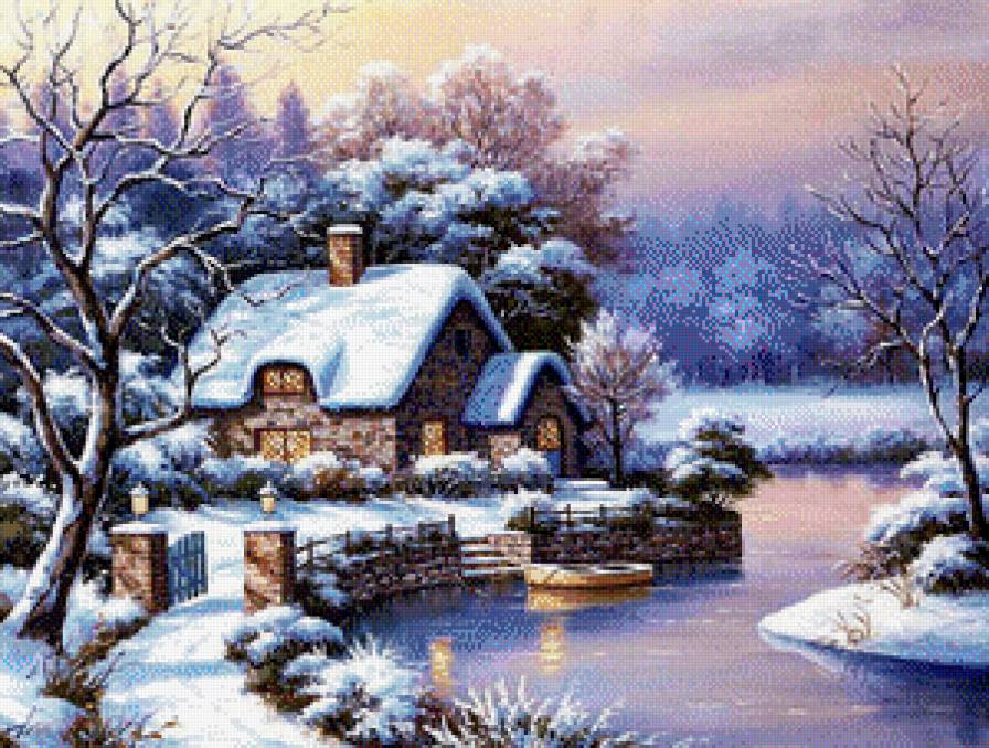 Зима - снег, домик, зима, пейзаж, река - предпросмотр