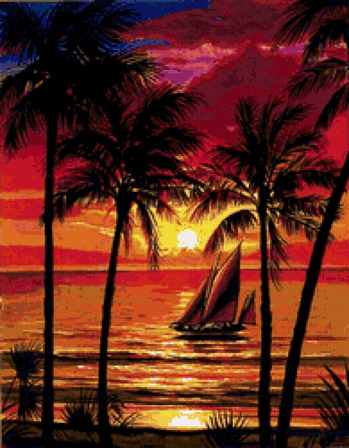 закат на море - яхта, пальмы, лодка, закат, море - предпросмотр