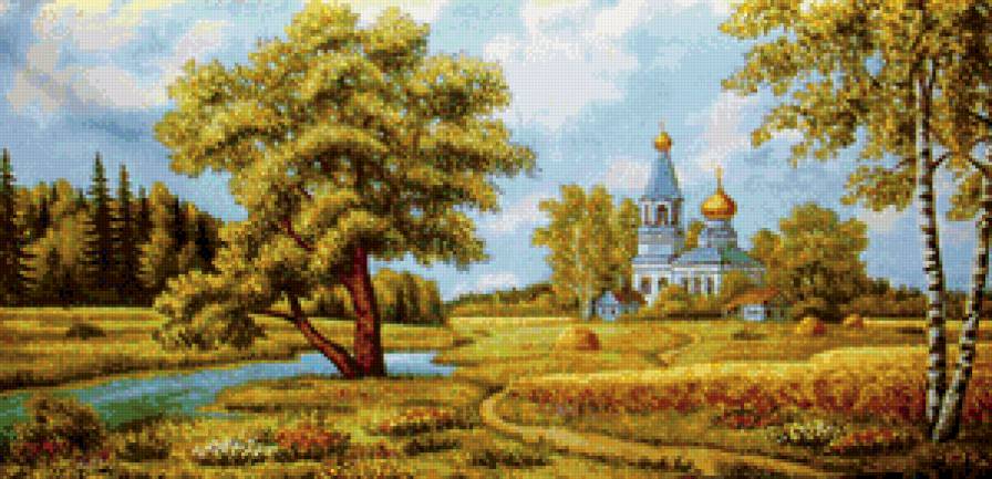 дорога к храму - пейзаж, храм, река, березы - предпросмотр