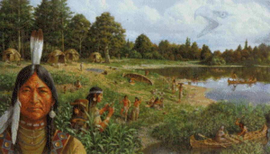 индейская деревня - люди, индейцы, племя, природа, пейзаж, орел - предпросмотр