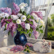 Схема вышивки «Сирень и котик»