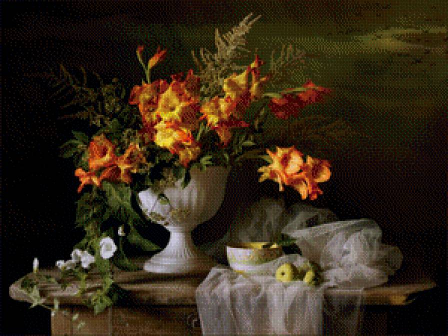 натюрморт с гладиолусами - натюрморт, гладиолус - предпросмотр