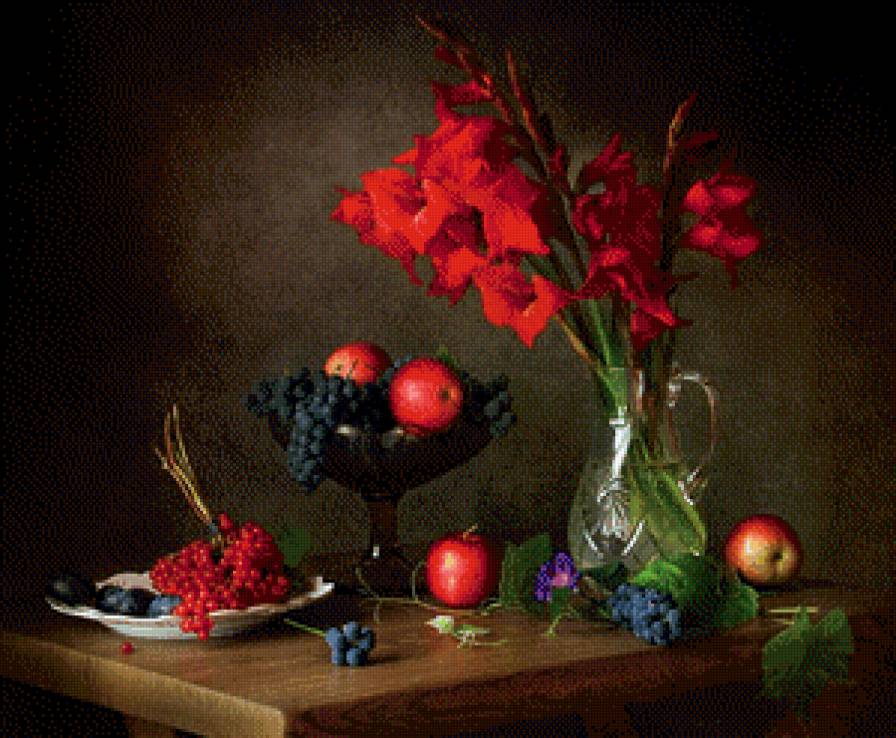 натюрмот с гладиолусами - натюрморт, гладиолусы - предпросмотр