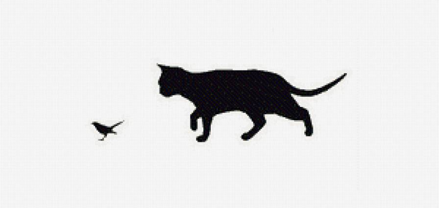 Силуэт кошки и птички - монохром. животные, кошка, силуэт, птица - предпросмотр