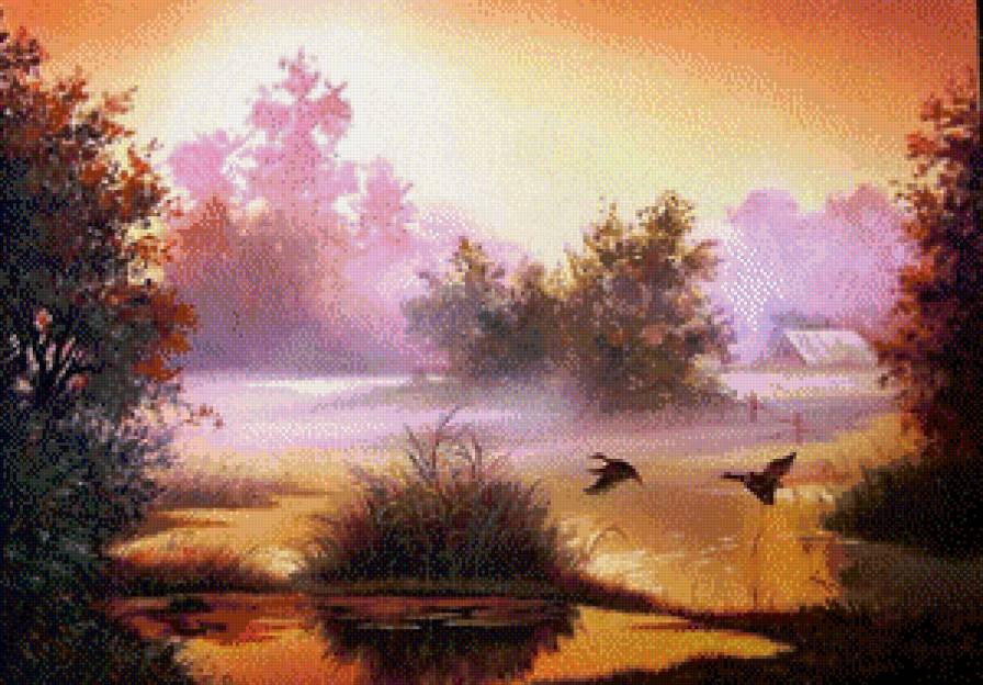 Лиловый вечер на реке - утки, река, пейзаж, вечер - предпросмотр
