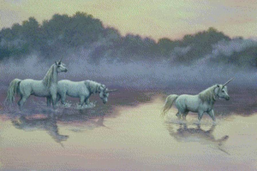 Единороги на водопое - река, лошади, единорог - предпросмотр