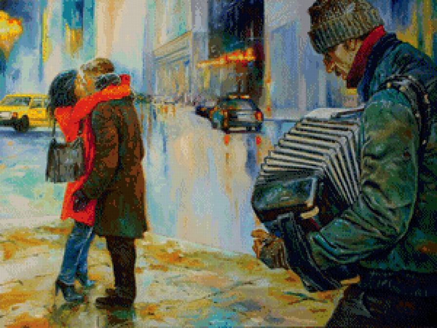 поцелуй под дождём - любовь, пара, поцелуй, дождь, живопись, музыкант - предпросмотр