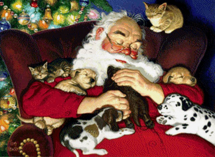 Отдых - санта, животные, щенки, новый год, отдых, зима - предпросмотр