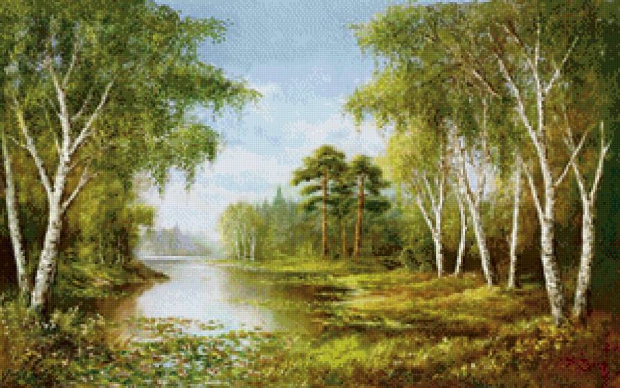 Лесное озеро - береза, озеро, природа, лес, пейзаж - предпросмотр