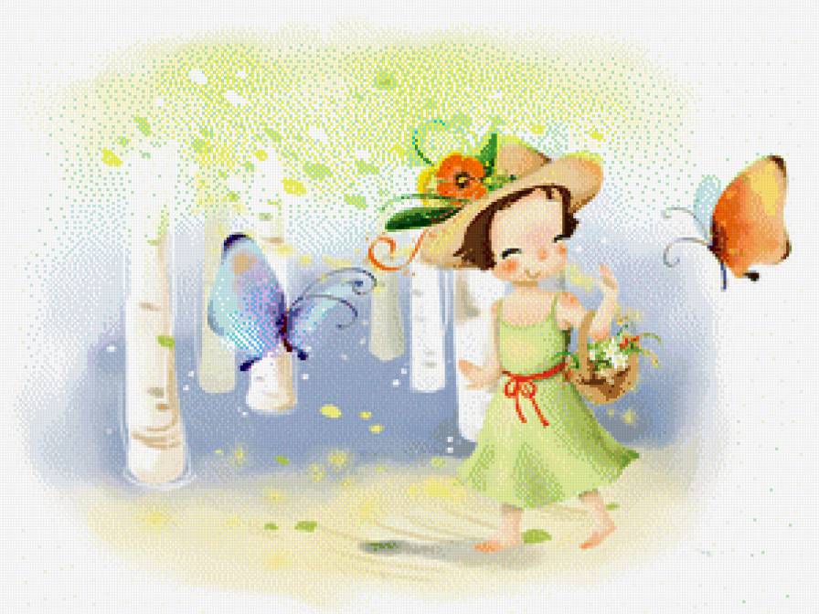 девочка и бабочки - корзинка, шляпка, бабочки, девочка - предпросмотр