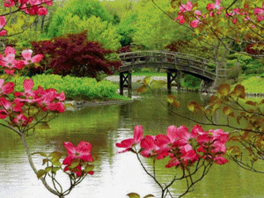 природа - мост, вода, цветы, деревья - предпросмотр