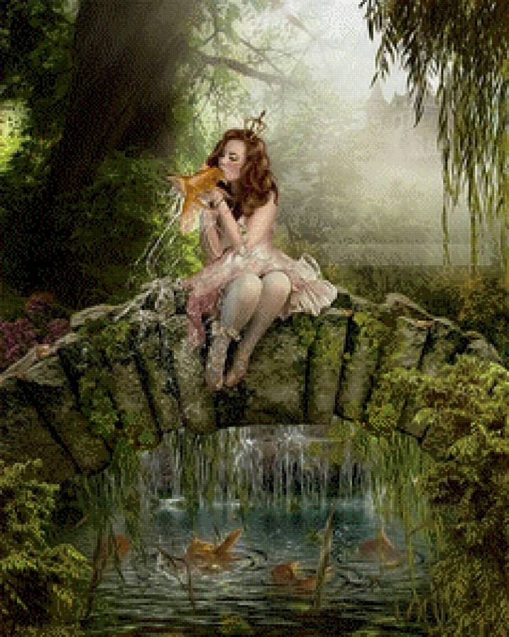 картины Синди Грундстен - мост, рыба, девушка, река - предпросмотр