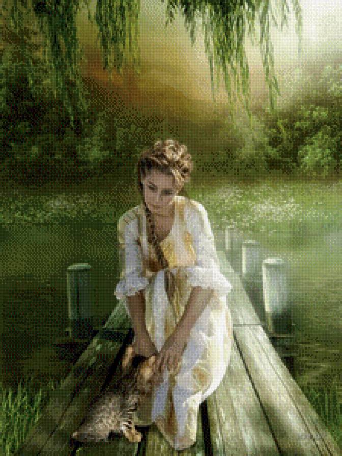 картины Синди Грундстен - девушка, котенок - предпросмотр