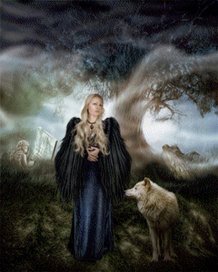 картины Синди Грундстен - девушка, лес, волк - предпросмотр