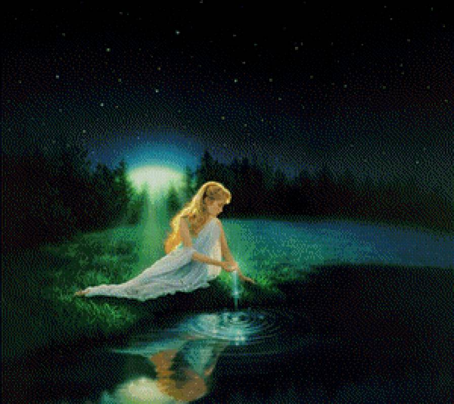 картины Kirk Reinert - девушка, озеро, лес, ночь - предпросмотр