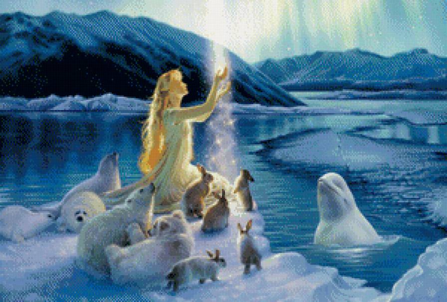 картины Kirk Reinert - зима, животные, девушка, горы, ночь - предпросмотр