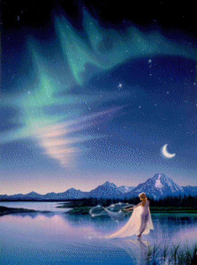 картины Kirk Reinert - озеро, девушка, горы - предпросмотр