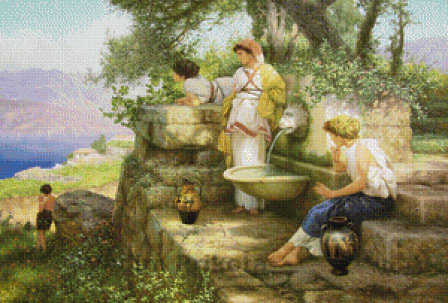 девушки у фонтана - девушка, фонтан - предпросмотр