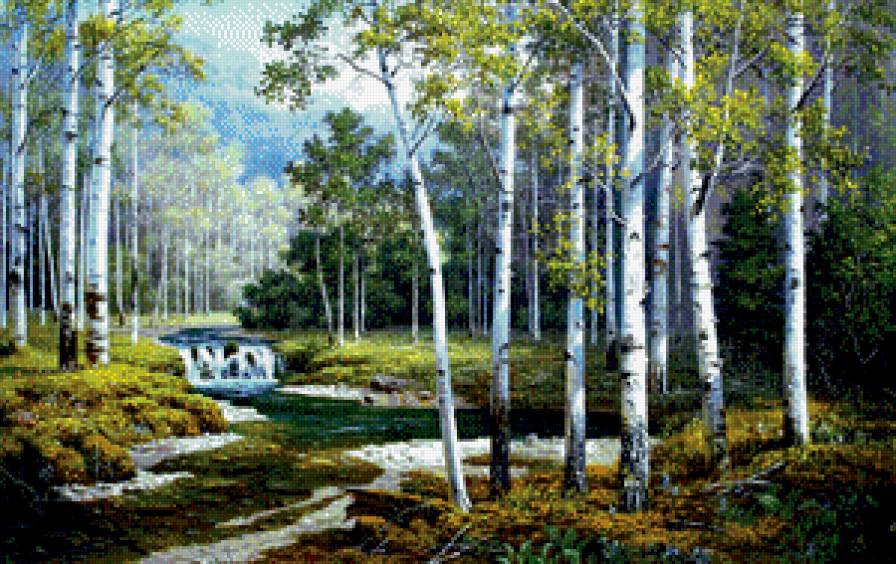 картина - природа, пейзаж, речка, березы, лес - предпросмотр