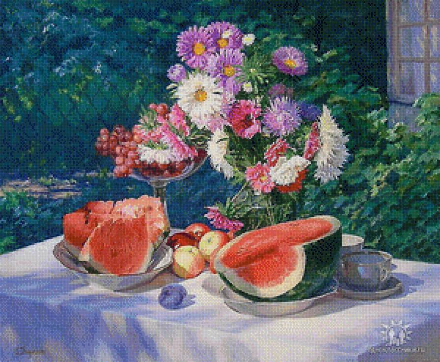 Августовский натюморт - натюрморт, цветы.букет, фрукты, лето.осень.арбуз - предпросмотр