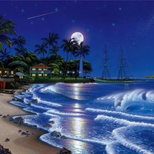 Схема вышивки «море, луна, корабль, дом»