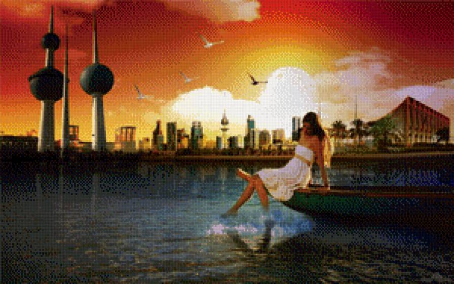 №733111 - девушка, море, город, чайки - предпросмотр