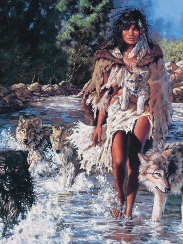 fantasy - дикие животные, волк, девушка - оригинал