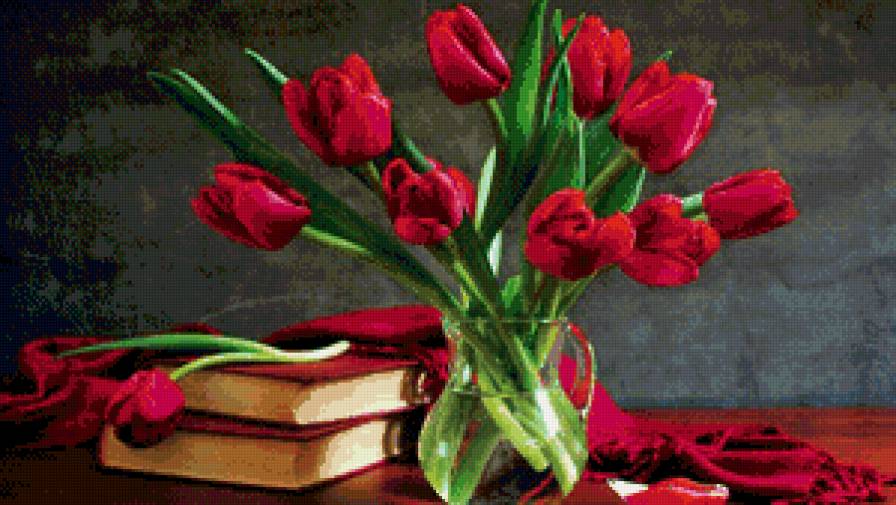 Тюльпаны - натюрморт, цветы, красный, тюльпаны - предпросмотр