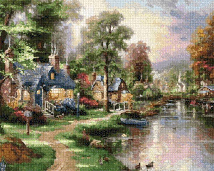 Жизнь у водоема - пейзаж, пруд, дом - предпросмотр