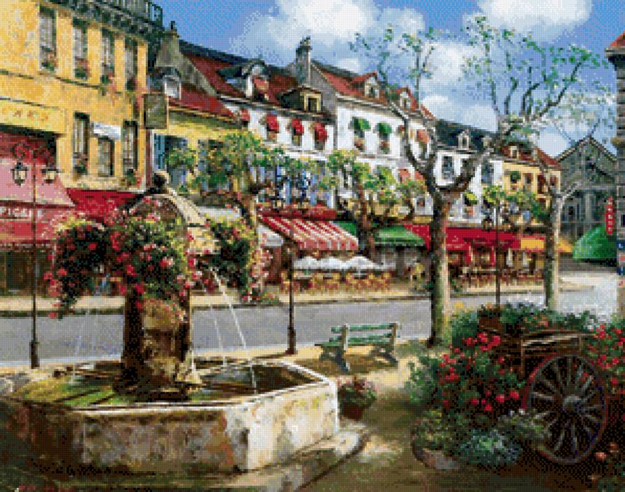 Городской пейзаж - фонтан, клумба, улица, пейзаж, кафе, фонари, город - предпросмотр