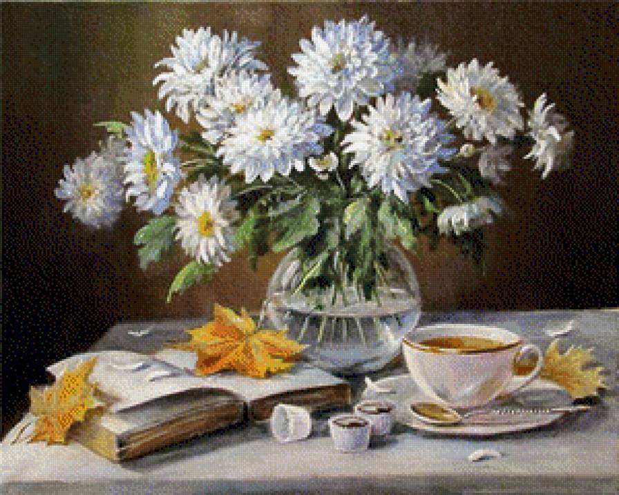 натюрморт с белыми астрами - картина - предпросмотр