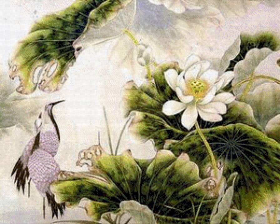 Китайская живопись - лотос, журавли, птицы, природа, живопись - предпросмотр