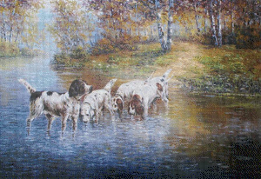 на охоте - река, картины, собака, охота - предпросмотр