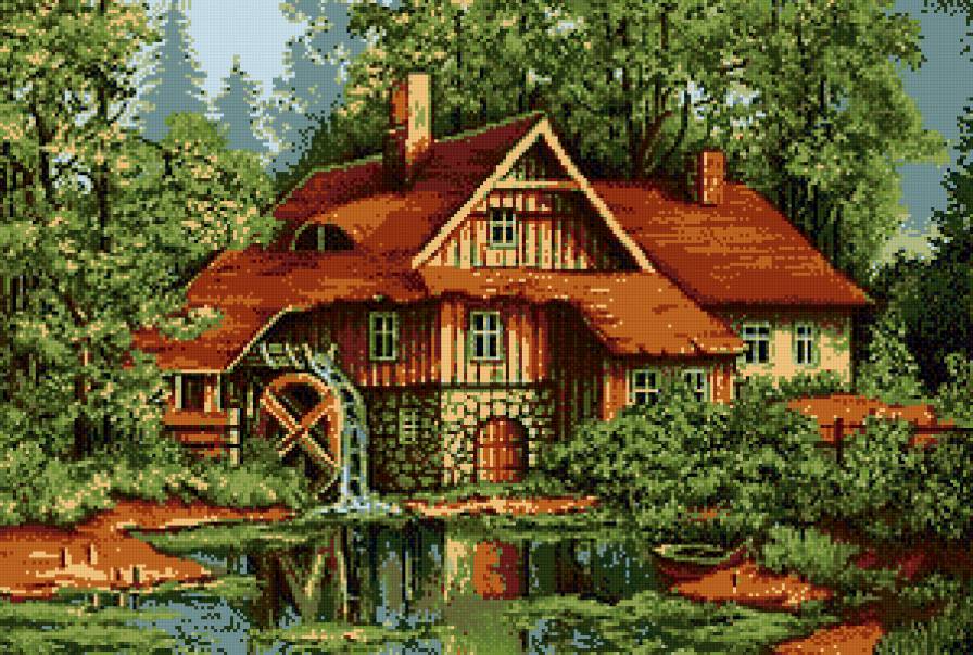 Домик у леса - мельница, природа, лес, пейзаж, озеро, дом - предпросмотр