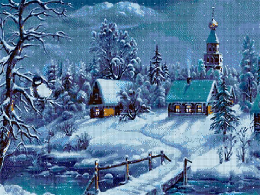 Зимний пейзаж - пейзаж, лес, дом, река, природа, зима, церков - предпросмотр