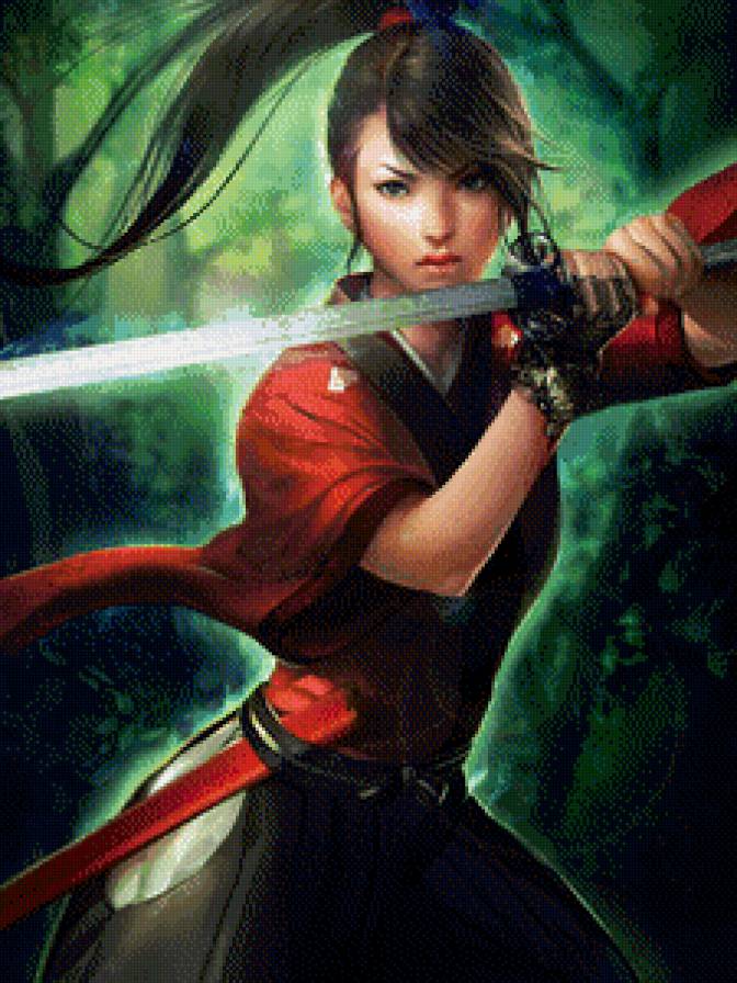 фэнтези - фэнтези, брюнетка, меч, арт, девушка, красное, китаянка - предпросмотр